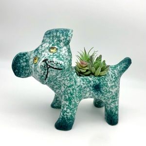 Vintage Italian Spongeware Dog Planter Teal Turquoise Signed Glossy Glaze MCM